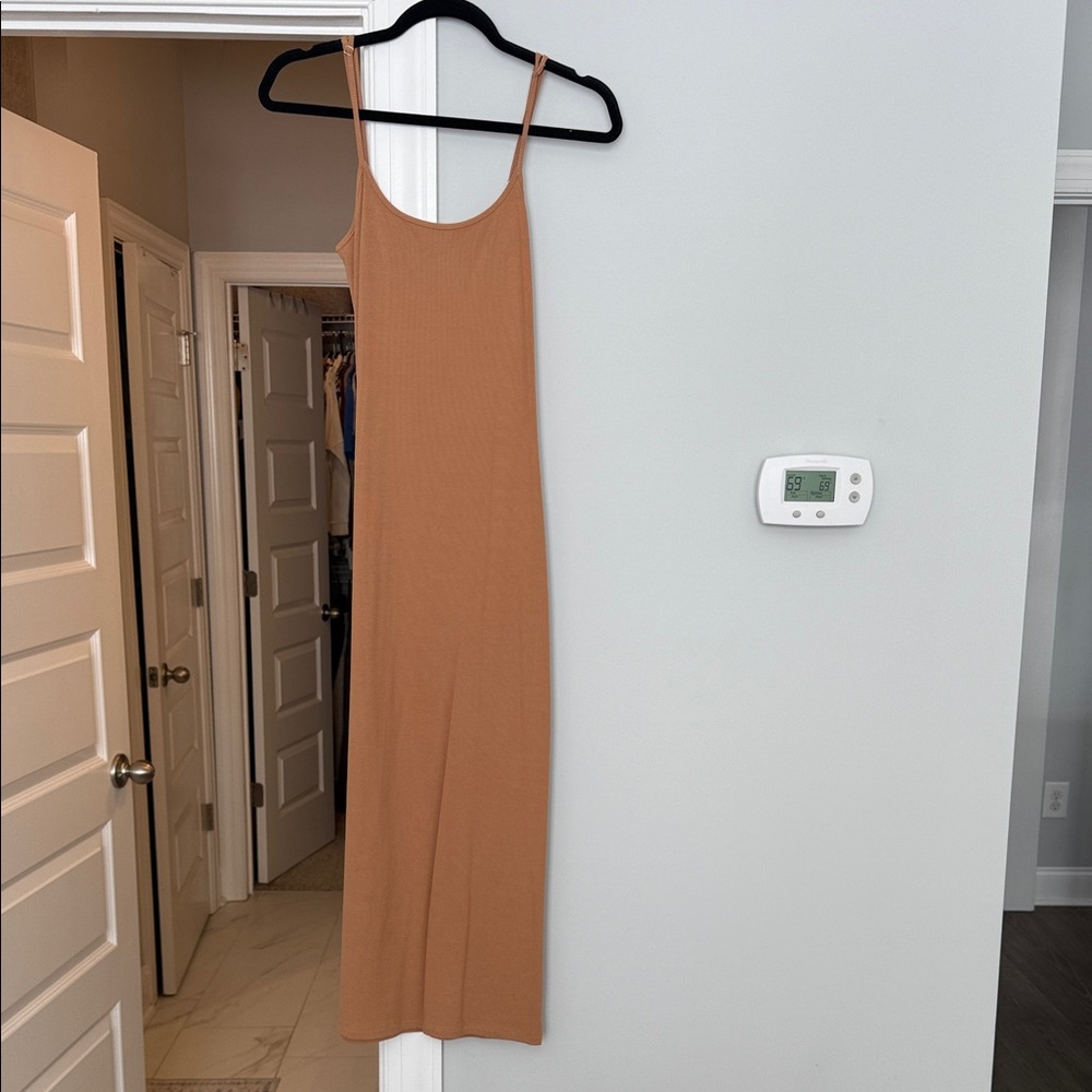 Elegant Tan ribbed Sleeveless Dress